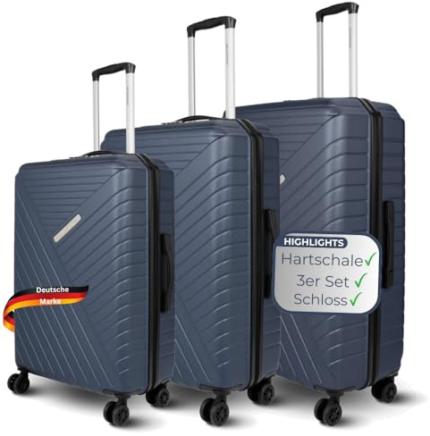 DELUKE 3tlg. Hartschalenkofferset mit Schloss Kendo - ABS Material | Hartschalenkoffer mit Rollen Trolley Koffer Reisekoffer Reisekofferset Gepäck Teleskopgriff, Blau