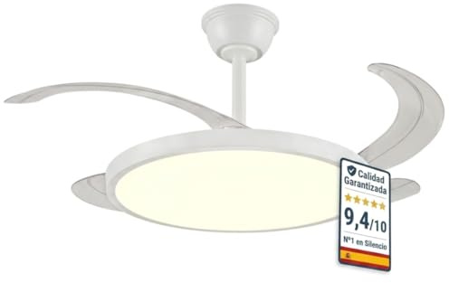 Lampara Techo con Ventilador | Ventilador Retractil Techo Silencioso | Aspas Plegables y Motor DC 30W Potente, 6 velocidades, Función Verano Invierno con temporizador | Luz LED 40W dimable (Blanco)