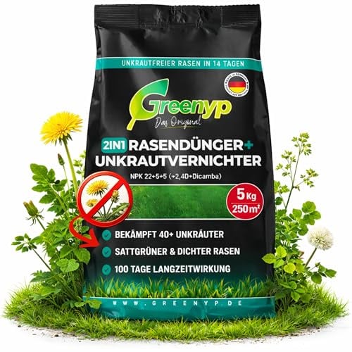 Greenyp Rasendünger mit Unkrautvernichter extra stark I 100 Tage Langzeitwirkung gegen +40 Unkräuter I 10kg für 500 m² I 2in1 Rasenunkrautvernichter + Dünger für sattgrünen Rasen im Frühjahr & Sommer