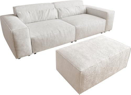 DELIFE Big-Couch Sirpio Bouclé Creme-Weiß 230x95 cm mit Hocker