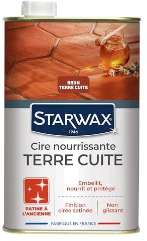STARWAX - Cire Nourrissante pour Tomettes et Terres Cuites Teinte Brun - Embellit, Nourrit et Protège - Patine à l'Ancienne - Non Glissant - Formule Anti Tache - Fabriqué en France - 1L - 30m²