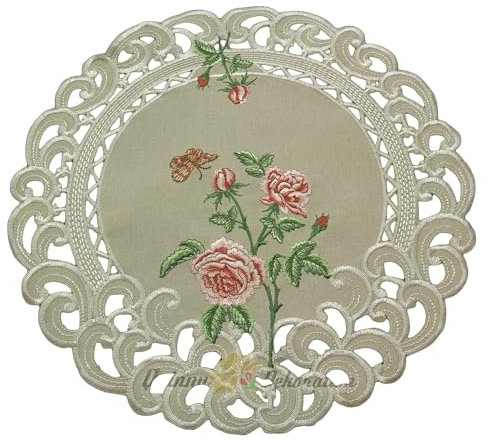 Roses Chemin de table/Nappe Lin-aspect Crème avec broderie fleurs rose – Taille au choix, 40 cm