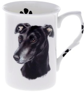 (BB30) Personalised with Any Name Bone China Beaker Mug Cup Black Greyhound Single Cup Mug Beaker Pawprints- Hand Decorated- Personalised to Order-