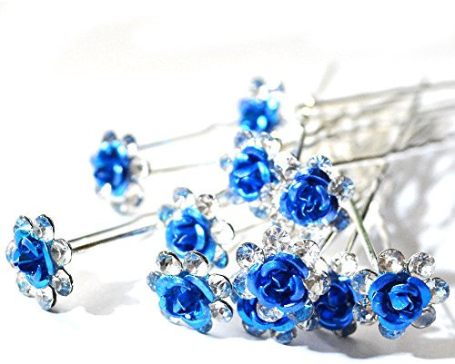 5starwarehouse® 10x Bridal Wedding Prom Silver Crystal Diamante Rose Flower Hair Pins Clips Grips (Blue)