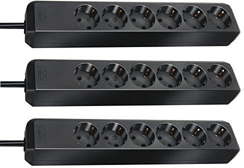 Brennenstuhl Eco-Line, Steckdosenleiste 6-fach | 1,5m Kabel - besonders stromsparend | ohne Schalter (6-fach | ohne Schalter, 3er Pack | schwarz)