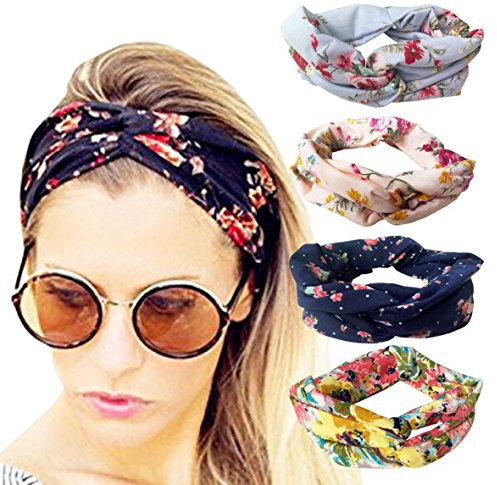 DRESHOW 4 Stück Damen Elastische Blume Gedruckt Stirnbänder 1950 Archaistisch Frauen Baumwolle Gestrickte Verdrehte Weiche Turban-Kopf-Verpackungs, Pink Green Blue Navy, Einheitsgröße