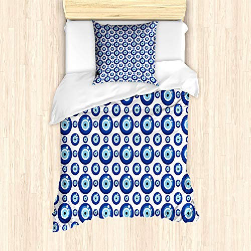 ABAKUHAUS Evil Eye Bettbezug Set für Einzelbetten, Symmetrisch, Milbensicher Allergiker geeignet mit Kissenbezug, Blau Hellblau Weiß