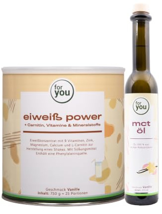 for you Power Eiweiß Vanille 750g + MCT-Öl 250ml Vanille Set – Protein-Set | 4-Komponenten-Eiweiß mit L-Carnitin, Zink & B-Vitaminen + MCT-Öl aus 100% Kokos – 25 Protein-Portionen, laktosearm