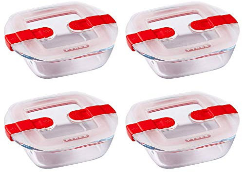 Pyrex Microwave Safe Classic Square Glass Dish with Vented Lid 0.35L Red (Pack of 4)