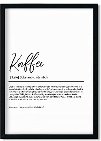 Urhome Kunstdruck Definition Kaffee mit Bilderrahmen Schwarz in DIN A3 - Worterklärung wie im Duden Lexikon Wandbild Wanddeko mit Spruch Holz Rahmen für Wohnung Familie Freunde Geschenk