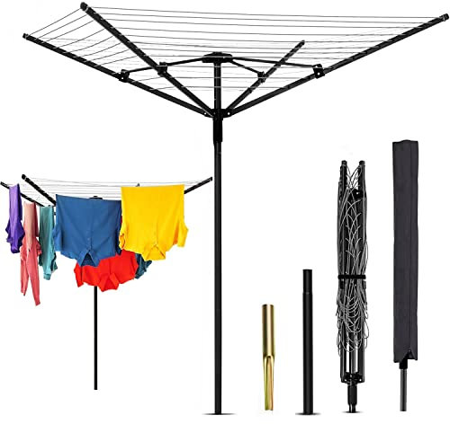 Nisorpa Tendedero giratorio de 50 m para exteriores con estaca y cubierta, tendedero plegable de 4 brazos, tendedero de ropa resistente, tendedero giratorio para jardín, color negro