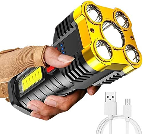 Taschenlampe Led Aufladbar, Led Taschenlampe Extrem Hell, Fünf-Nuklear-Explosion LED-Taschenlampe Ausflüge ins Freie, Wandern, Picknick, Familie, Alltag (Gold)