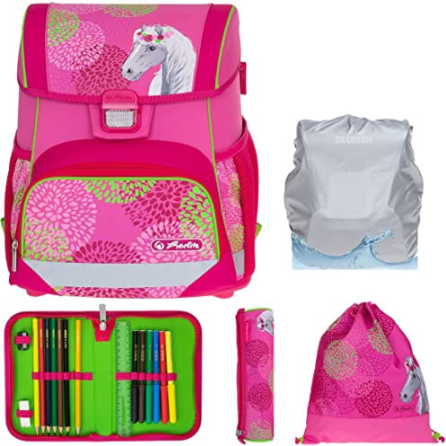 Schulranzen Herlitz Loop Plus Jungen Mädchen Ranzen Tornister Schultasche leicht 5 Teile Set mit Regenhülle (Bloomy Horse 9555)