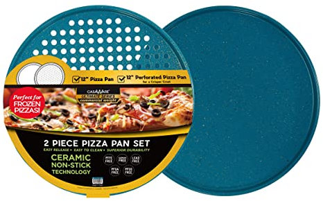 casaWare 2pc Ultimate Pizza Pan Set, 12-inch Ceramic Coated NonStick & Perforated Pizza Pans, Blue Granite