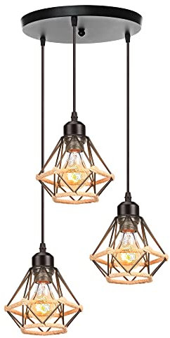 iDEGU 3-flammig Hängelampe 16CM Industrie Pendelleuchte Vintage Lampenschirme aus Metall und Hanfseil Käfig Design Retro E27 Schwarz Pendelleuchte für Esszimmer Wohnzimmer (3-flammig, Rondell)