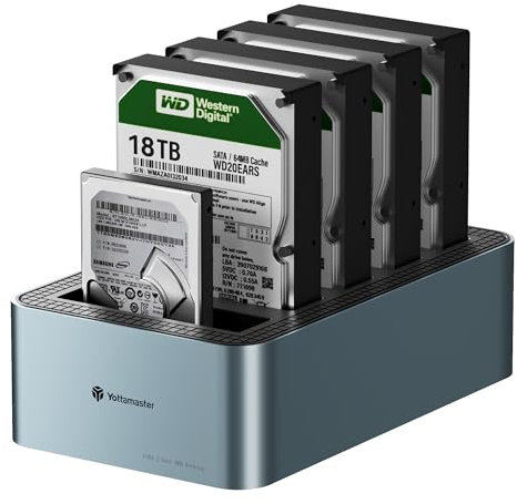 Yottamaster 5 Bay Offline Cloning Hard Drive Docking Station Aluminum for 2.5/3.5 Inch HDD/SSD, USB 3.0 Hard Drive Duplicator/Cloner Support UASP, 5 x 18TB with 12V 6.5A Power Adapter [KB500-C]