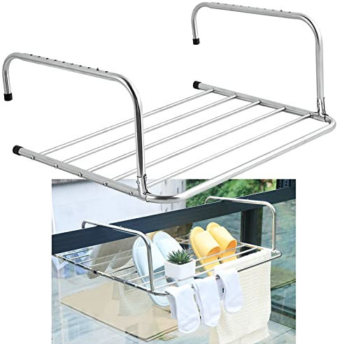 whalebee Stendibiancheria da Interno Ed Esterno Stendino da Ripiegabile per Balcone Ringhiera Davanzale della Finestra Termosifone, Stendino da Appendere in Acciaio Inox, Salvaspazio Stenditura