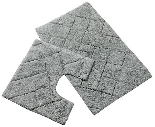 Olivia Rocco Bali 2 Piece Bath Mat Set Super Soft 100% Cotton Easy Care Plush Bath Rug + Toilet Mats Water Absorbent Pedestal Bathmat For Bathroom Toilet Shower, Silver