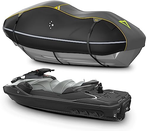 LIBZAKI PWC-Abdeckung für Jet-Ski, 2–3 Sitze, strapazierfähig, wasserdicht, 600D, UV-beständig, passend für Yamaha Sea-DOO Kawasaki bis 336-368 cm, Grau/Schwarz