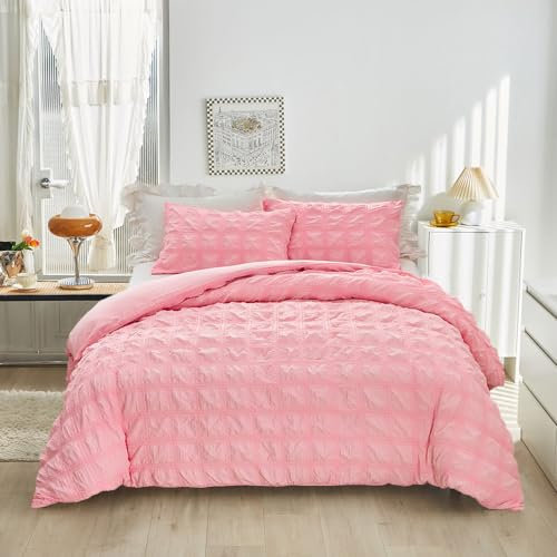 YASMENG Seersucker Bettwäsche 135x200 4teilig Rosa Kariert Bettbezug Set Mikrofaser Bettwäsche Sommer Weich Flauschig Atmungsaktiv Deckebezug mit Reißverschluss und 2 Kissenbezüge 80x80 cm