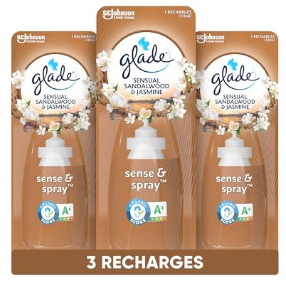 Glade Sense & Spray Recharges Diffuseur à Détection de Mouvement - Infusé Aux Huiles Essentielles - Jusqu'à 2 Mois de Parfum - Sensual Sandalwood & Jasmine - 3 Recharges