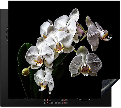 KitchenYeah© Herdabdeckplatte Einteilig Herdabdeckung Abdeckplatte für Ceranfeld Abdeckung Induktionskochfeld Aufrollbare Matte Orchidee - Blumen - Weiß - Natur - Schwarz und Weiß - 57x51 cm