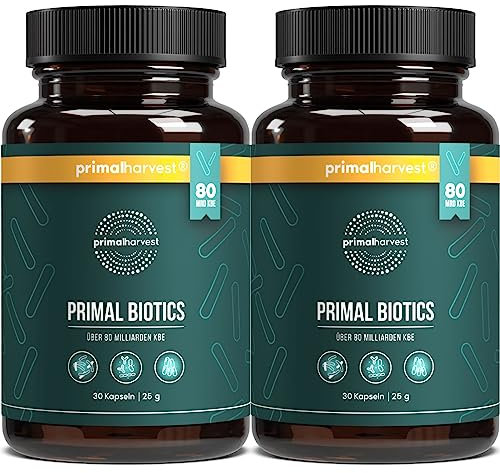 Primal Harvest ® Biotics - 2 Pack -60 Kapseln - 15 Bakterienstämme - 80 Mrd KBE + Inulin und Lebendkulturen - Laborgetestet - Magensaftresistente Kapseln