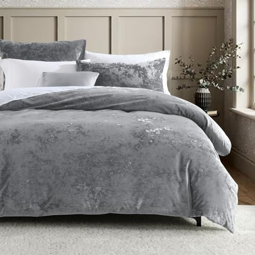 HORIMOTE HOME Luxury Crushed Velvet Duvet Cover Set 3 Piece Double Size Grey Quilt Covers Bedding Set Button Closure with 2 Pillowcases