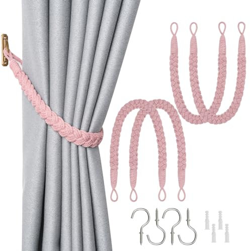 Pretty Jolly Vorhang Raffhalter aus natürlichem Baumwollseil, eleganter, dekorativer Vorhang-Raffhalter im Boho-Stil, weiche, handgewebte Seil-Vorhanghalter für Zuhause und Büro, Rosa, 4 Stück