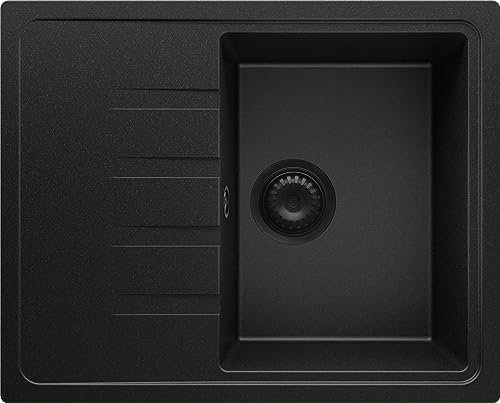 PRIMAGRAN Lavello da Cucina Tutto Nero 62x50cm, Lavandino da Cucina a 1 vasca + Sifone Classico, Lavabo da Cucina Incasso al mobile 40cm - Milano