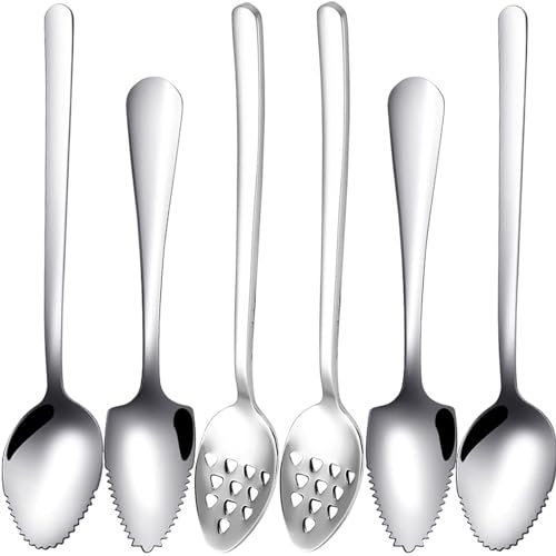 Tomuvpzn Juego de 6 cucharas de pomelo de acero inoxidable, 4 cucharas de pomelo y 1 cuchara con agujeros, cuchara con dientes, cuchara de pomelo, cuchara de pomelo, cuchara de postre