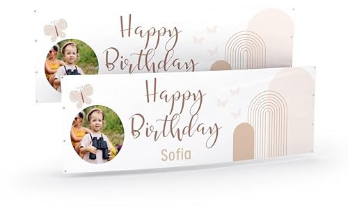 Geburtstagsbanner selbst gestalten mit Foto und Text I I Kindergeburtstag Deko I Banner personalisierbar (50x150cm) (Schmetterling-beige)