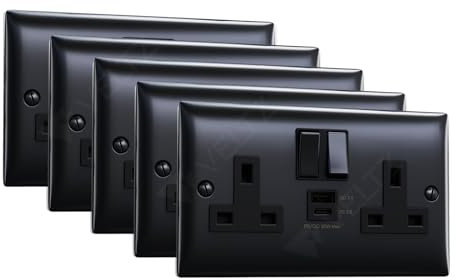 USB C Socket | 20W PD/PPS USB C & 18W QC 4.0 USB A | Super Fast Charging | VELTZ Pro | Double Plug Wall Socket 13A 2 Gang | Black Steel, VK-20W-DOUBLE-5PK-BLACK