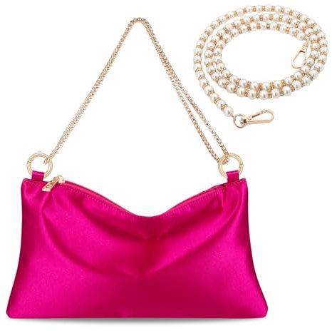 Prpeko Women’s Satin Evening Bag Clutch Purse Handbag for Women Wedding Shoulder Bag with 2 Chains for Formal Cocktail Party, Pink (Satin)