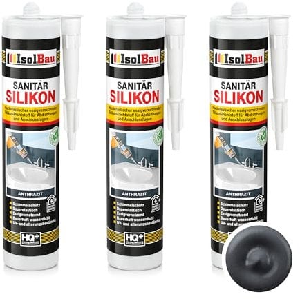 Isolbau Sanitär Silikon 3 x 300 ml Anthrazit - Hochelastischer Silikon-Dichtstoff für Abdichtungen & Fugen - wasserdicht - Kartusche