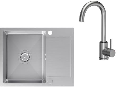 VBChome Fregadero de acero inoxidable con grifo, 60 x 48 cm, acero inoxidable cepillado, empotrable con dos agujeros, fregadero grande con escurridor