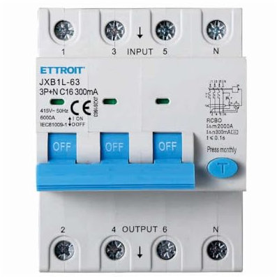 Interruttore Magnetotermico Differenziale Trifase 300mA, 3P+N 6KA 380V, Occupa 4 Moduli DIN, RCBO 3P+N 300mA C16 16A