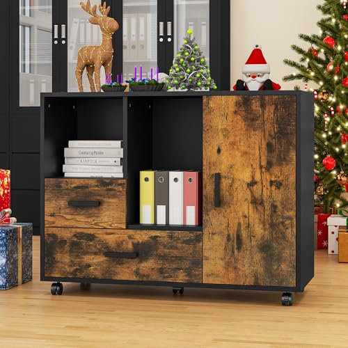 YITAHOME Mobile File Cabinet, 2-Drawer Filing Cabinets for Home & Office, Printer Stand, Storage Cabinet with Drawers Open Shelf, Office Storage Office Cabinet,90x35x70CM (Rustic Brown & Black)