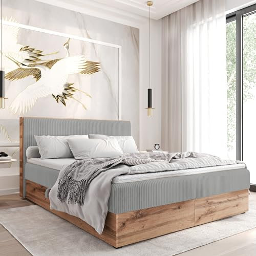 FURNISTAR Boxspringbett TILIA Doppelbett mit Bonellmatratze Bett mit Topper und Bettkasten Cord Stoff Polsterbett mit Kopfteil Modern Schlaffzimmer Wotan Platte (160x200 hellgrau)