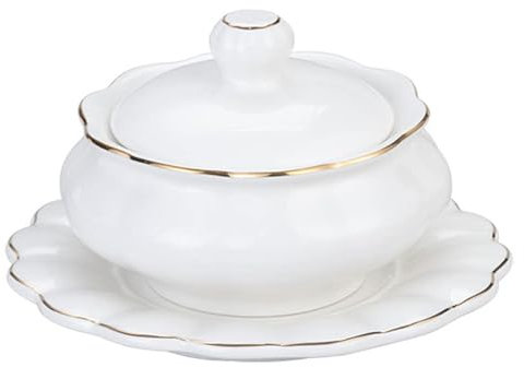 STJNFCY Keramische Suppenschüssel mit Deckel und Schale, keramische Küchenschüsseln Suppenschalen Tassen, 9oz Französisch Zwiebelsuppe Kannen mit Gold Trim