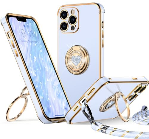XYZ iPhone 13 Pro Max Case with Stand, Heart Lanyard for Women, Luxury Cute Bling Protective Cover, Blue