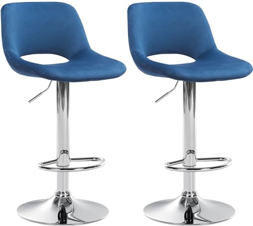 CLP 2er Set Barhocker Camden I Samt-Bezug, Farbe:blau, Material Gestell:Metall in Chromoptik
