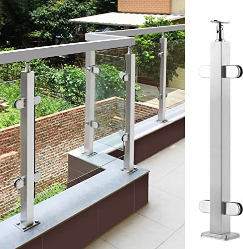 DLAZUM Glasgeländerpfosten/-klemme für Außenbalkon, Terrassendach, Theke mit Beschlagsatz, winkelverstellbarer Verbinder für runden/quadratischen Handlauf, Silber (mittlerer Pfosten - 105 cm)