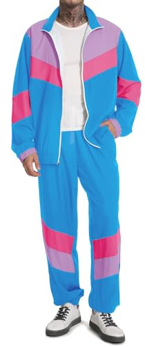 UOUA 80s Outfit for Men 90s Tracksuit Costume for Halloween 70s Windbreaker Jacket Track Suit 2 Piece Hip Hop Set Blue M