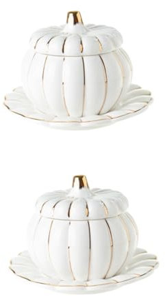 PRETYZOOM 2 Set Ciotola Di Zucca in Ceramica Andare Contenitori Per Alimenti Con Coperchio Piatti Di Zucca Pentole Zuppiera Di Zucca Pentola Di Zucca Cocotte Di Zucca in Ceramica Bianca