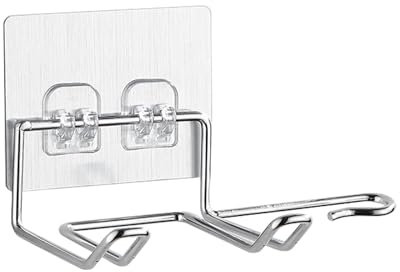 MultiValue Hair Dryer Holder, Stainless Steel Hair Tool Organizer Firm Buckle Hairdryer Holder Adhesive with Sticker Hair Dryer Rack Holder for Bedroom Bathroom (Silver)