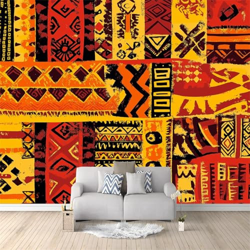 Papier peint intissé murales 200 x 140 cm panoramique 3D Papier peint photo Motifs Traditionnels Tribaux Africains, Jaune Orange papier peint Salon Chambre Bureau Couloir décoration peinture murale