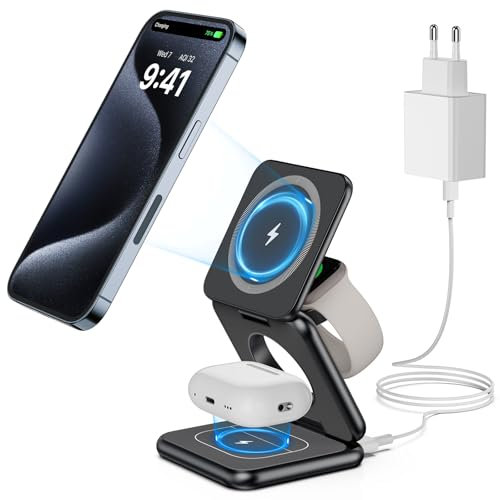 KU XIU X40 3-in-1 Wireless Charging Station for iPhone 16/15/14/13/12, 5W Fast Charging for Apple Watch S10/Ultra/9/8/7, AirPods 4/3/2/Pro - Foldable Wireless Charger Stand with 20W Adapter, Black
