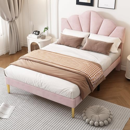 TIZZ Letto matrimoniale in velluto, con gambe in ferro dorato, letto a conchiglia, testiera regolabile in altezza, rete a doghe in legno (rosa, 140 x 190 cm)