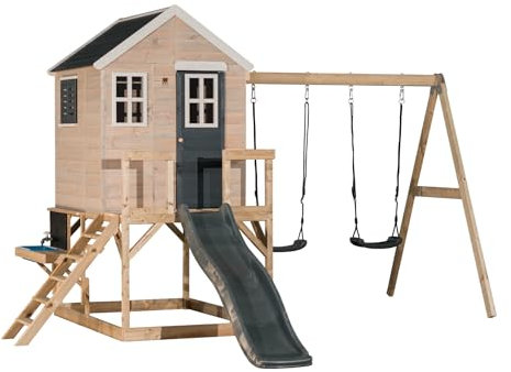 Wendi Toys M28-K Stelzenhaus mit Rutsche, Doppelschaukel, Spielküche aus FSC-Holz, Spielhaus Kinder Outdoor Garten mit Plattform 90 cm, Wasserhahn, Sandkasten, Zubehör, 330×405×242 cm